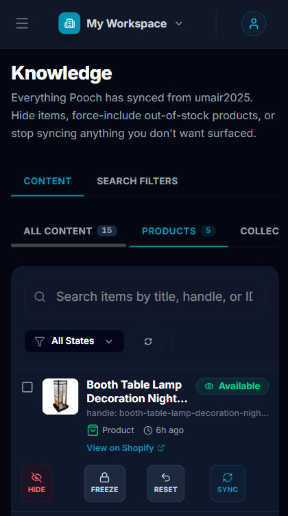 POOCH Shopify Knowledge mobile screen