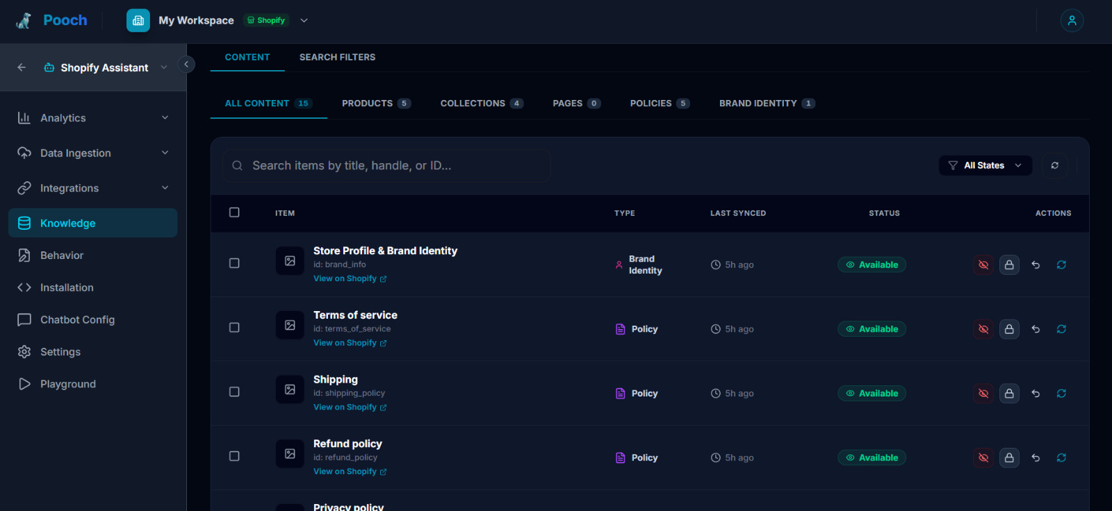 POOCH Shopify Knowledge platform screen